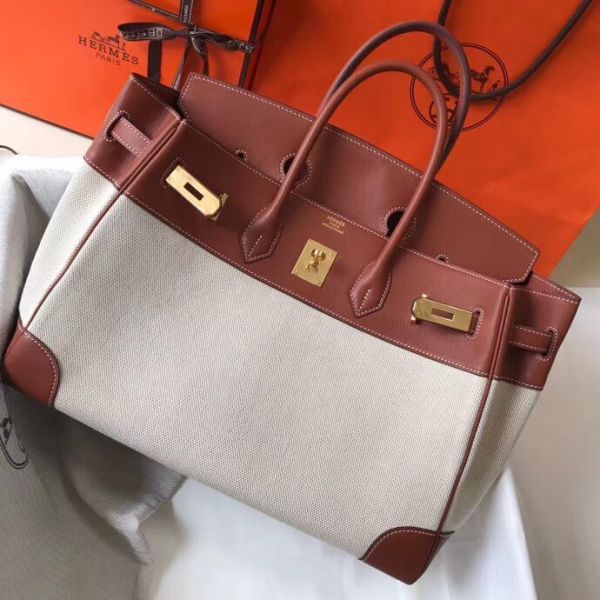 HERM Birkin 35cm Canvas Bag With Barenia Leather GHW