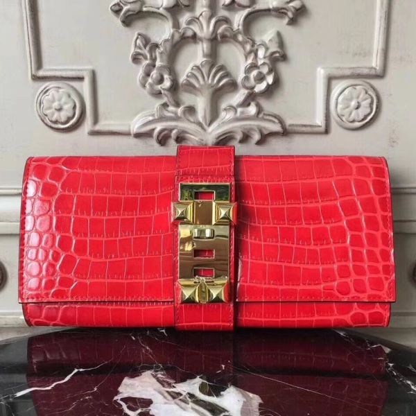 HERM Medor Clutch Bag In Cherry Crocodile Leather