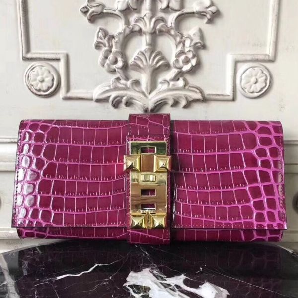 HERM Medor Clutch Bag In Fuchsia Crocodile Leather