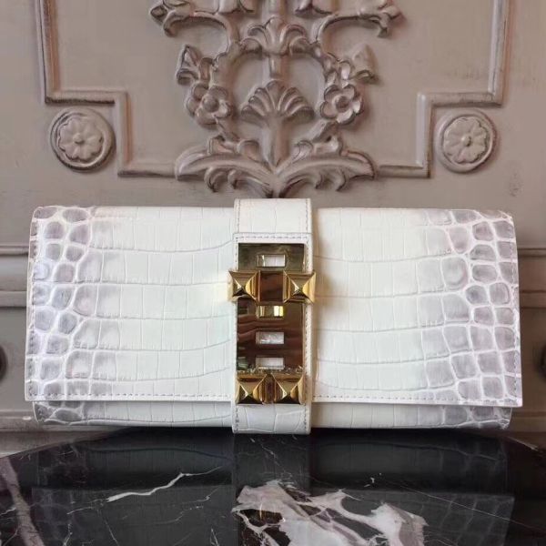 HERM Medor Clutch Bag In White Crocodile Leather