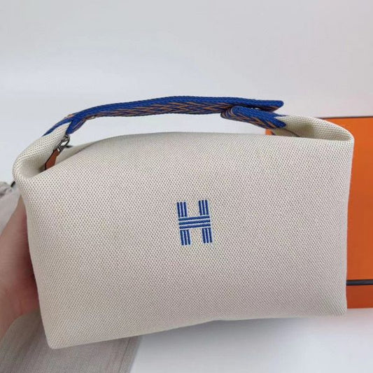 HERM Bride-a-Brac Large Case in Ecru Canvas with Blue Zigzag Motifs
