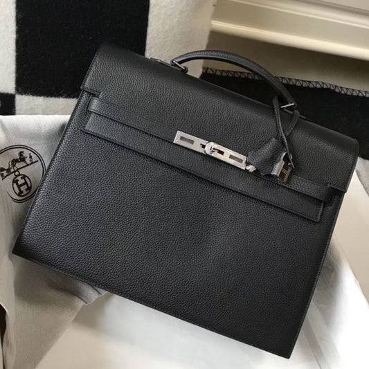 HERM Kelly Depeche 34 Briefcase In Black Calfskin