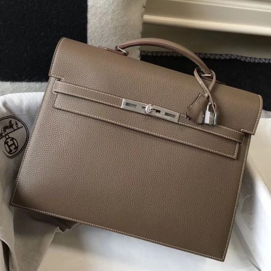 HERM Kelly Depeche 34 Briefcase In Taupe Calfskin