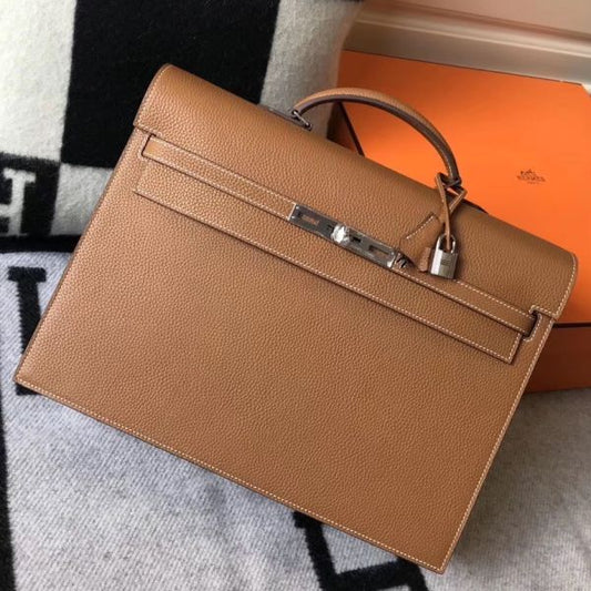 HERM Kelly Depeche 38 Briefcase In Brown Calfskin