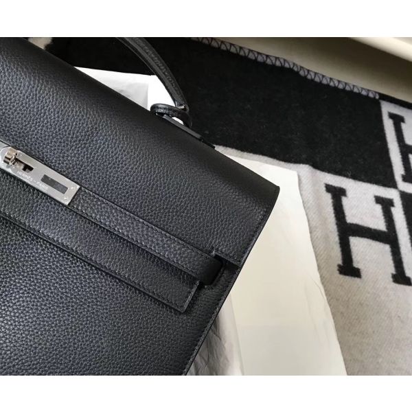HERM Kelly Depeche 38 Briefcase In Black Calfskin