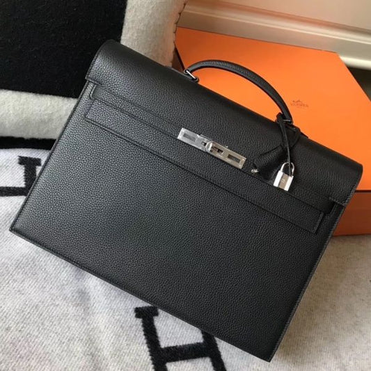 HERM Kelly Depeche 38 Briefcase In Black Calfskin