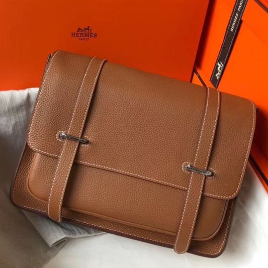 HERM Steve 35 Messenger Bag In Brown Clemence Calfskin