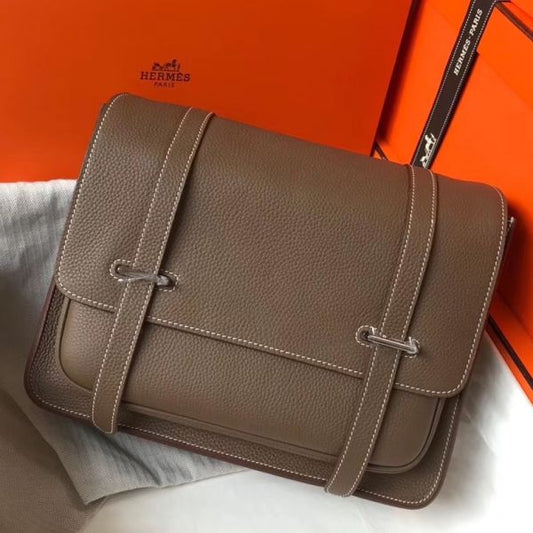 HERM Steve 35 Messenger Bag In Taupe Clemence Calfskin